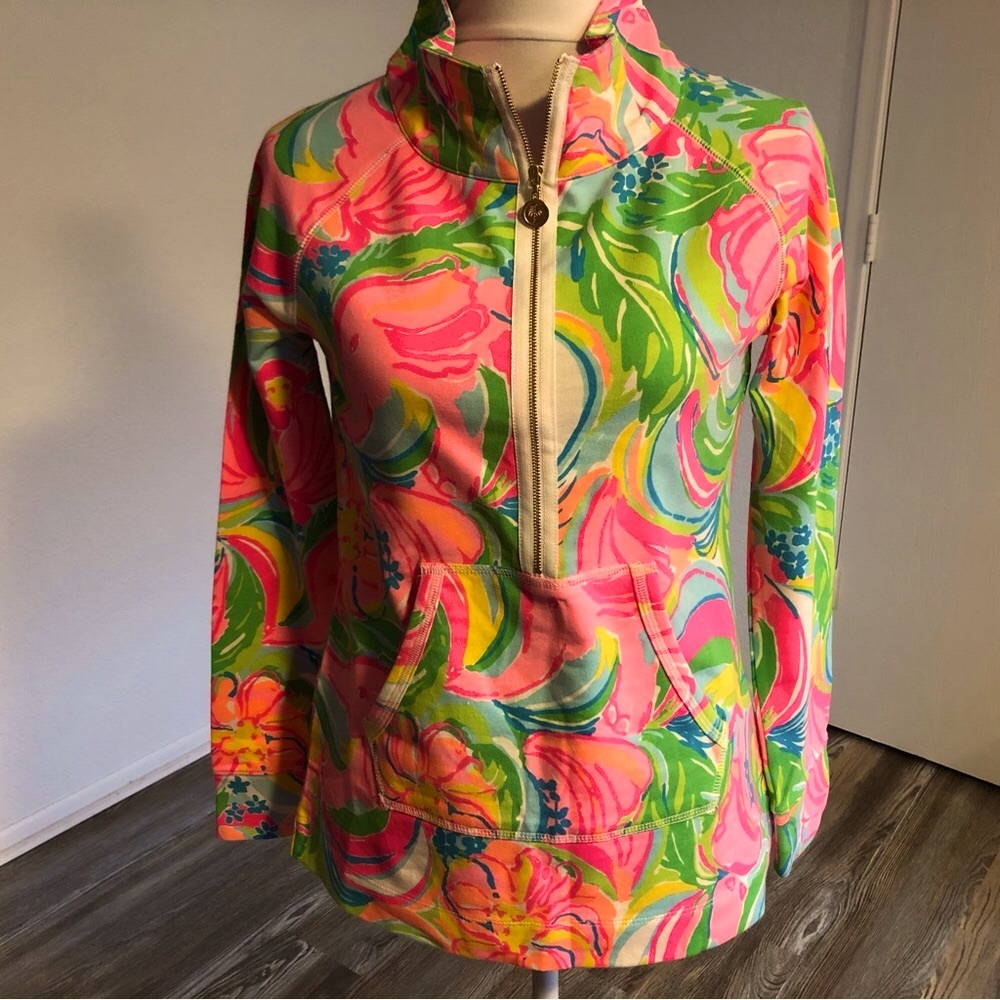 Lilly Pulitzer Neon Pink, Green & Yellow Floral Half-Zip Bomber Pullover